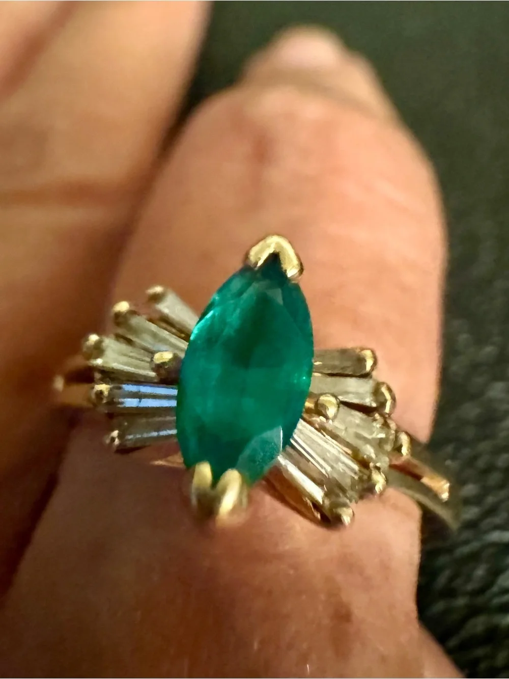 14kt Gold Emerald Ring with Baguette Side Diamonds